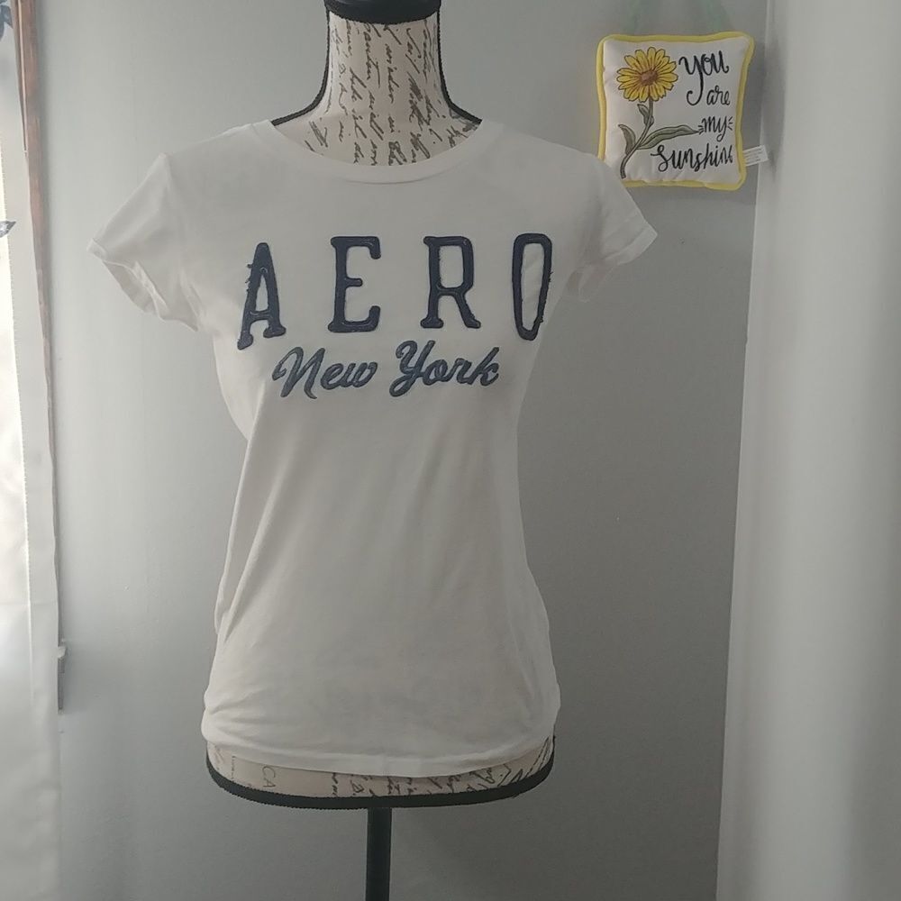 - Aeropostale White Crew Neck Cap Sleeve Blue Lettering Tee L